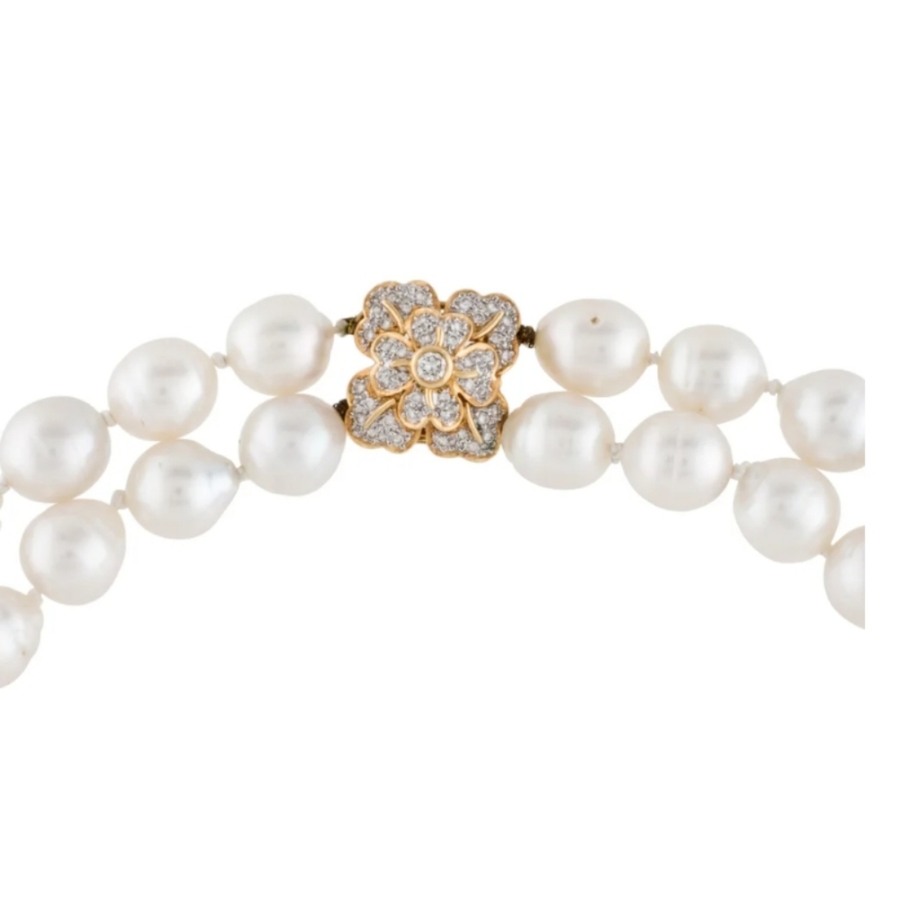 White Pearl Duble Strand Alhambra Flower Diamond Necklace Ven Cliff Style - Picture 2 of 6